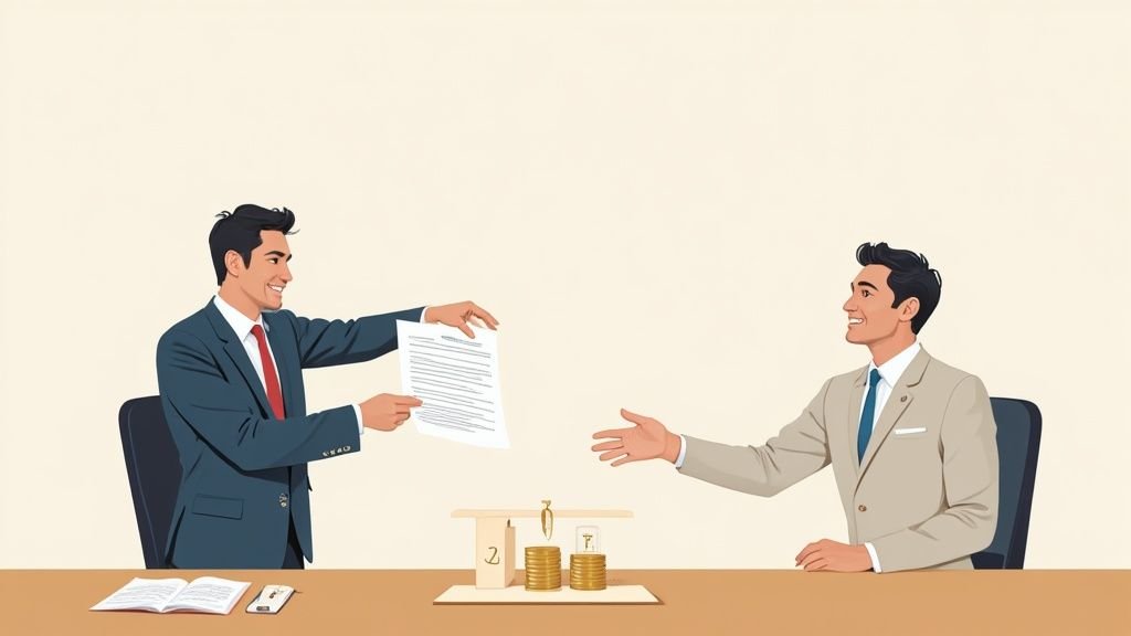ビジネスシーンで書類を交換する2人の男性、取引の様子を示す天秤とコイン