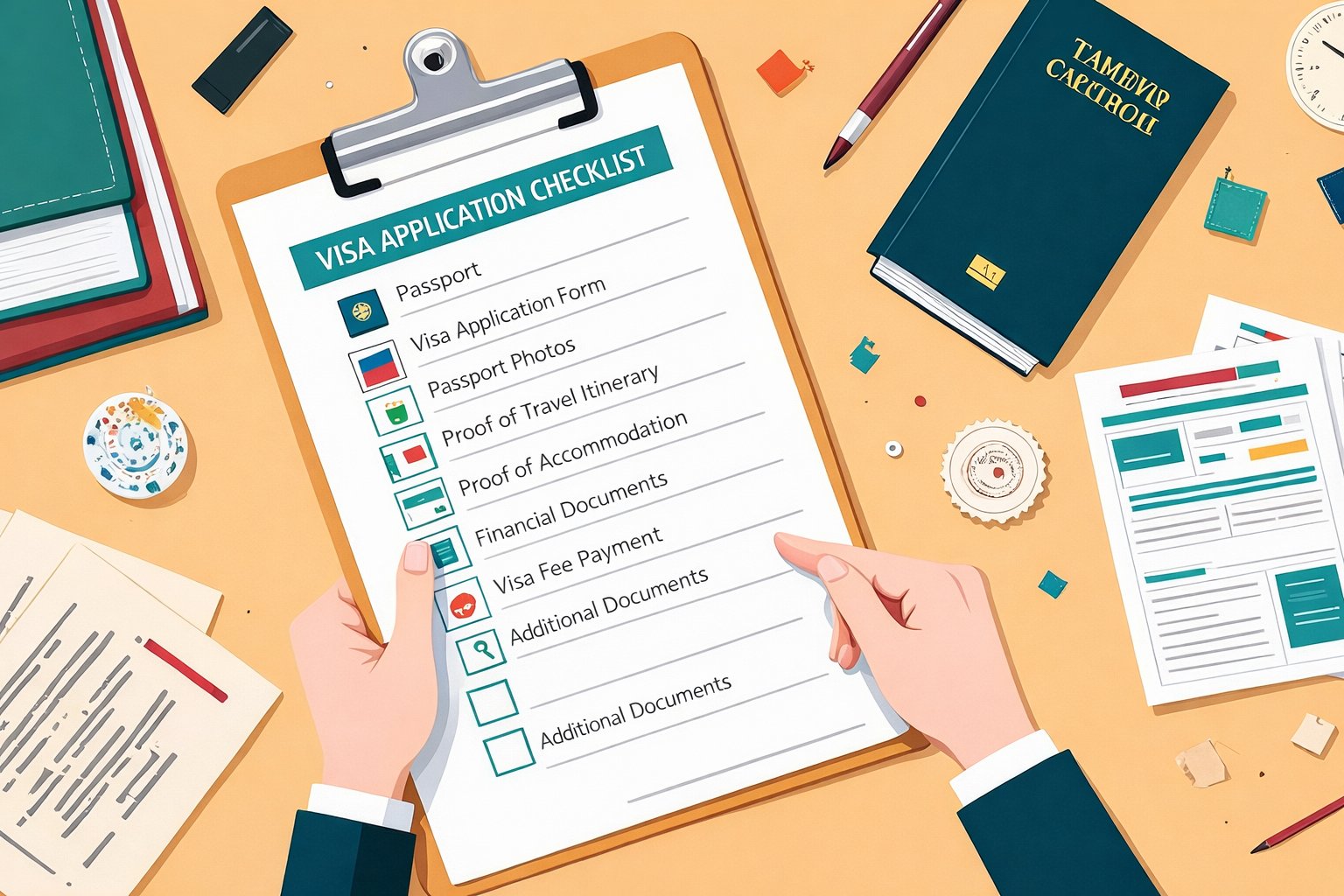 ビザ申請チェックリストを持つ手。パスポートや書類、ペンなどが机に広がり、準備が整う様子。