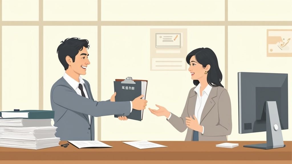 笑顔の男性が職場で女性に書類が挟まれたバインダーを手渡しています。