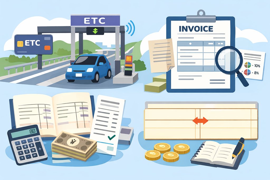 ETC通過車両、請求書、会計帳簿、現金、電卓など、経理処理のイメージイラスト。