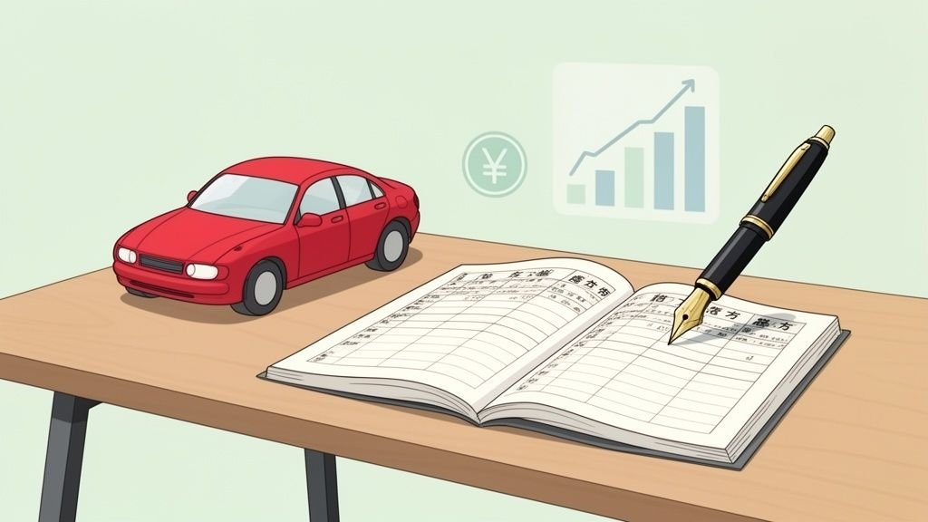 赤い車、開いた帳簿、万年筆が描かれ、金銭管理や資産運用を示すイラスト。