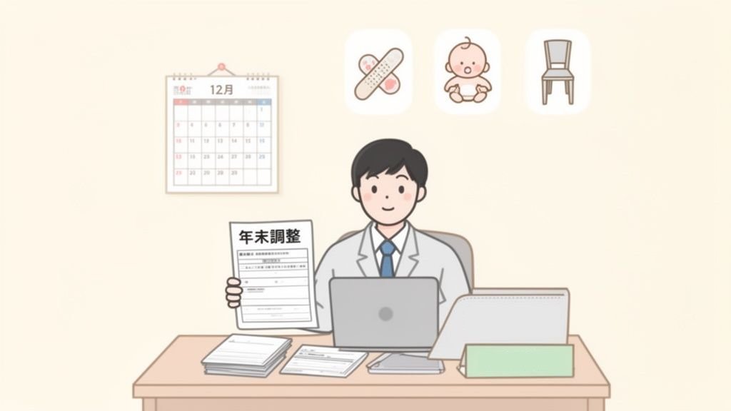 白衣を着た男性が年末調整の書類を持ち、ノートパソコンに向かって座っているイラスト