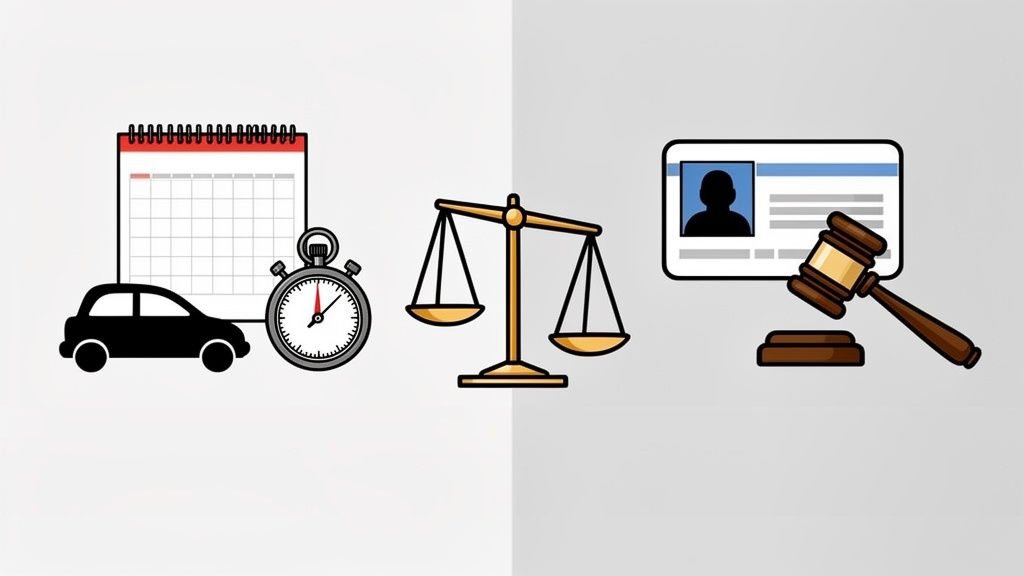 車、カレンダー、ストップウォッチ、天秤、免許証、木槌のイラスト。運転、時間、法律に関連する概念を示す。