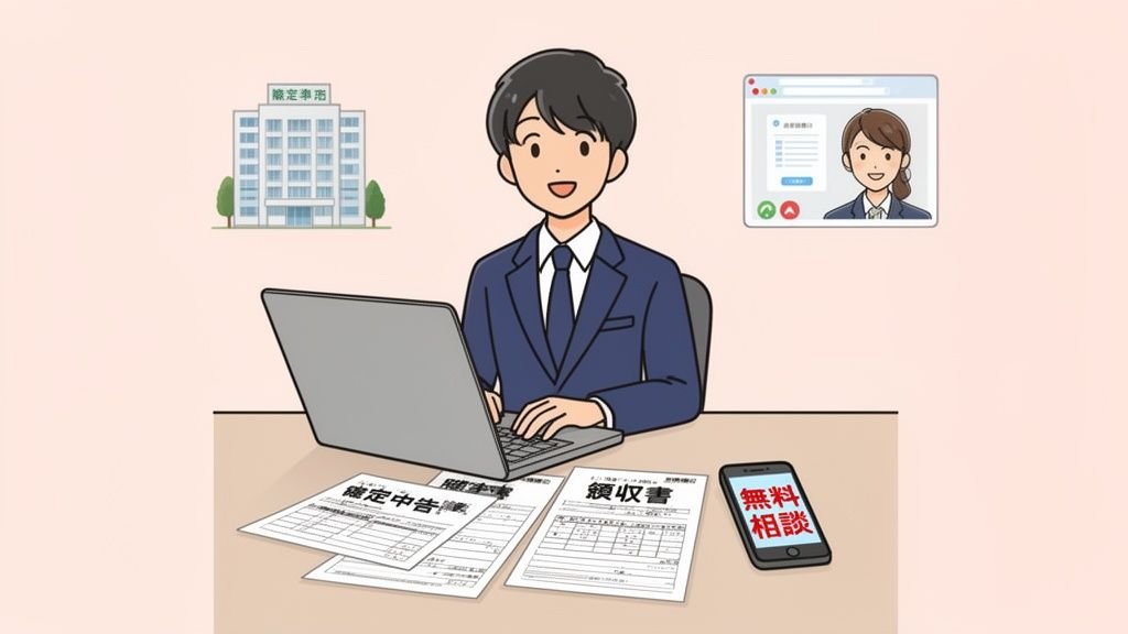 男性の会社員がPCで作業し、書類とスマホが机に並ぶ。背景には鑑定事務所の建物とオンライン相談の画面。
