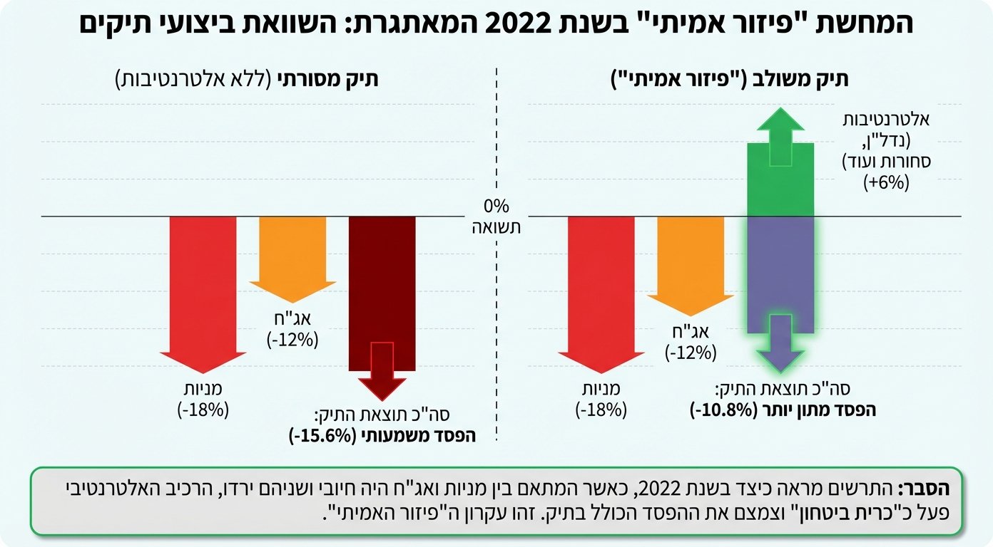 תרשים השוואתי בין תיק השקעות מסורתי לתיק משולב עם אלטרנטיבות בשנת 2022, המראה צמצום הפסדים.