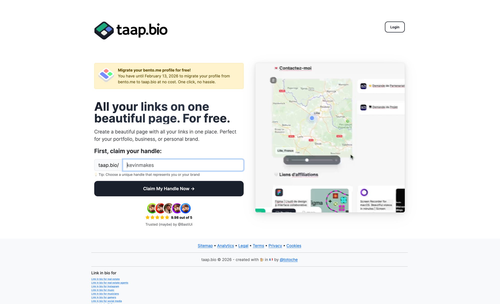 Taap.bio homepage, a platform for content creators to consolidate links, with a profile example.