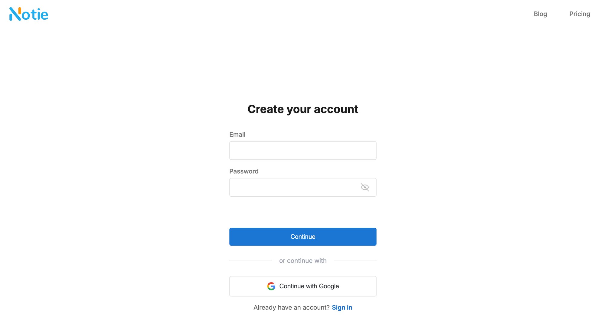 Notie's account creation page with fields for email, password, and options to sign up or log in.