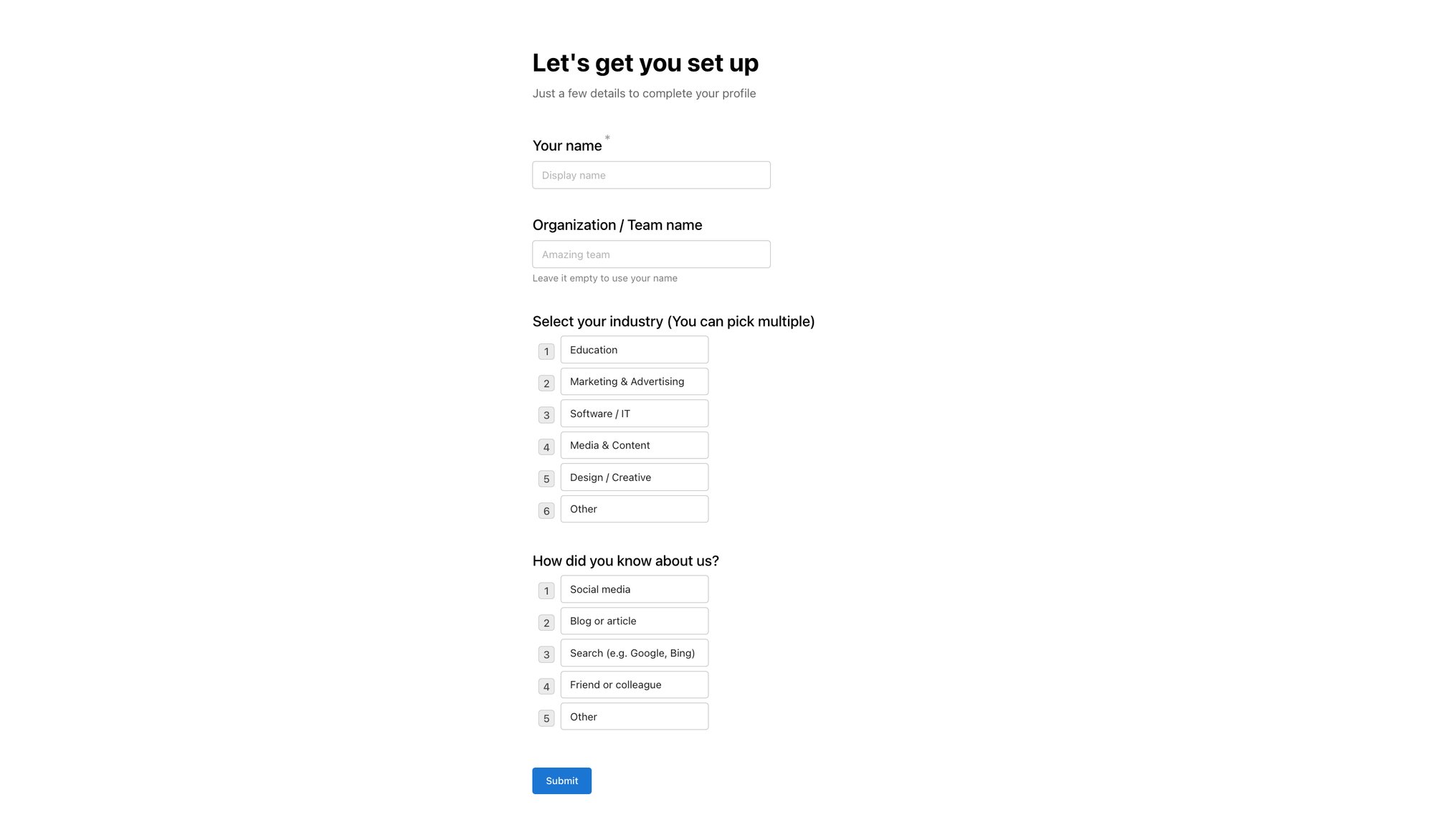 A profile setup form with fields for name, organization, industry selection, and source of referral.