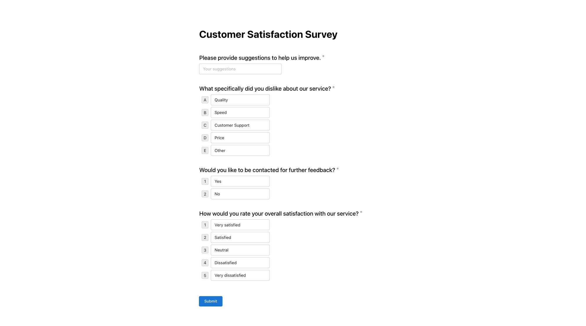 A customer satisfaction survey form with questions about suggestions, dislikes, contact preferences, and overall satisfaction.