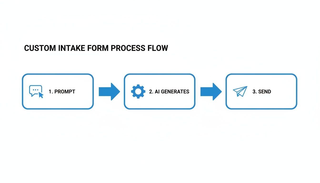 A process flow diagram illustrating the steps for a custom intake form: Prompt, AI Generates, Send.