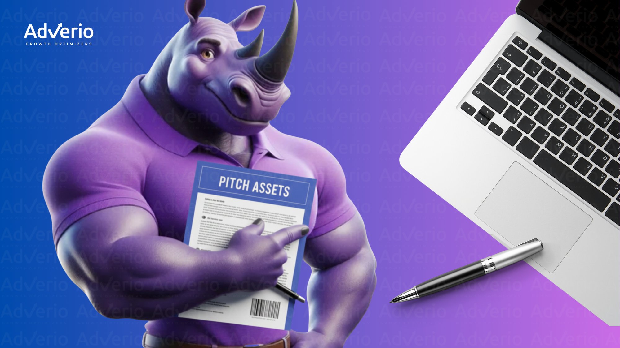 Muscular purple rhino mascot points to "PITCH ASSETS" document, next to a laptop and pen.