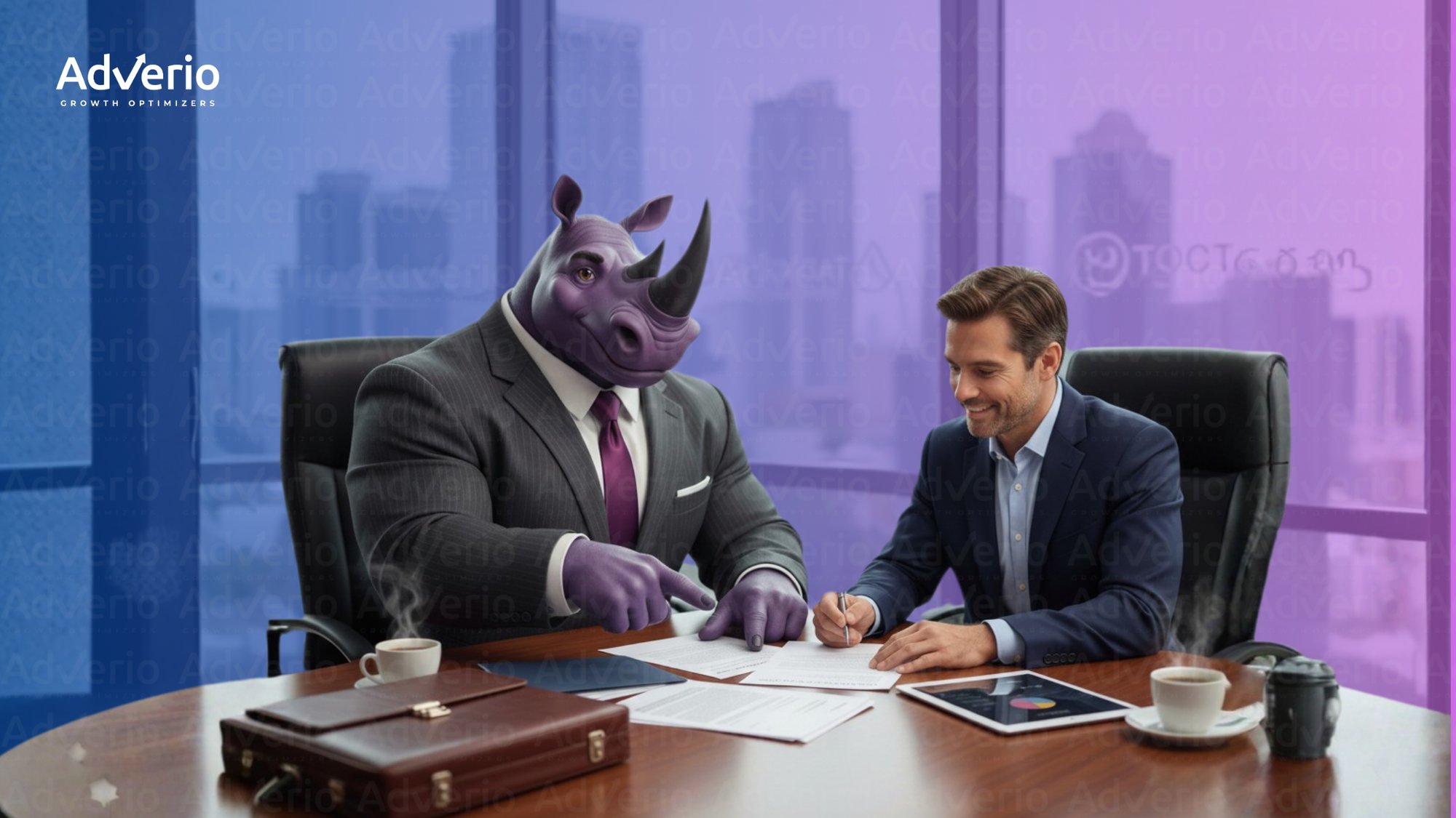 A purple rhinoceros in a suit points at a document as a smiling man signs it in an office.