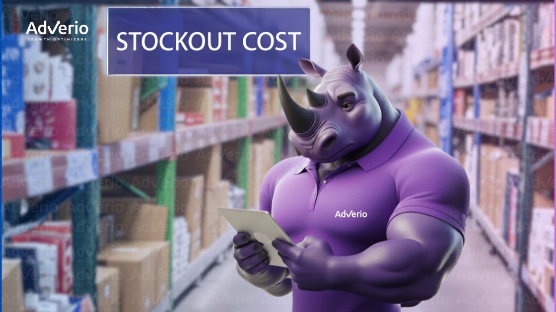 A purple rhino character in a warehouse, holding a tablet, with 'STOCKOUT COST' displayed.
