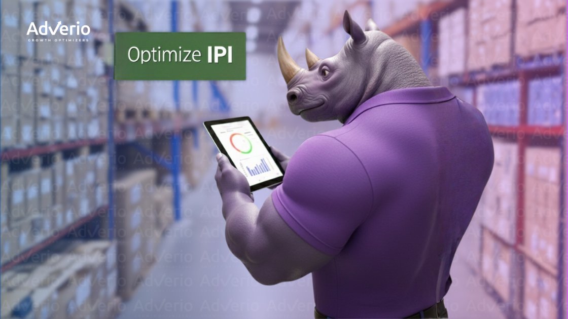 A purple cartoon rhino in a warehouse holding a tablet with charts, optimizing inventory performance (IPI).