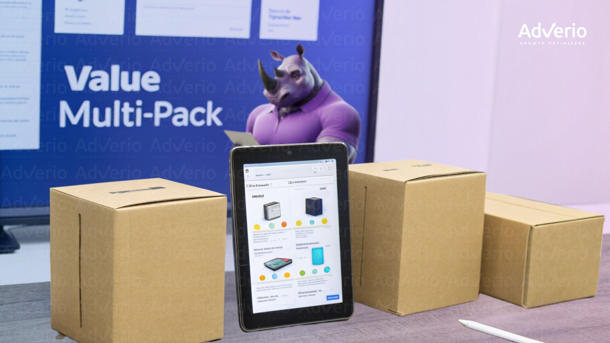 A tablet displays e-commerce products next to cardboard boxes, with a purple rhinoceros mascot in the background.