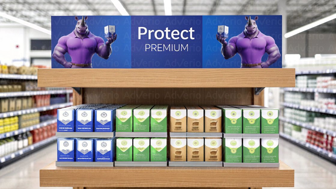 A retail store aisle display with a blue sign featuring a purple rhinoceros mascot and boxed products.