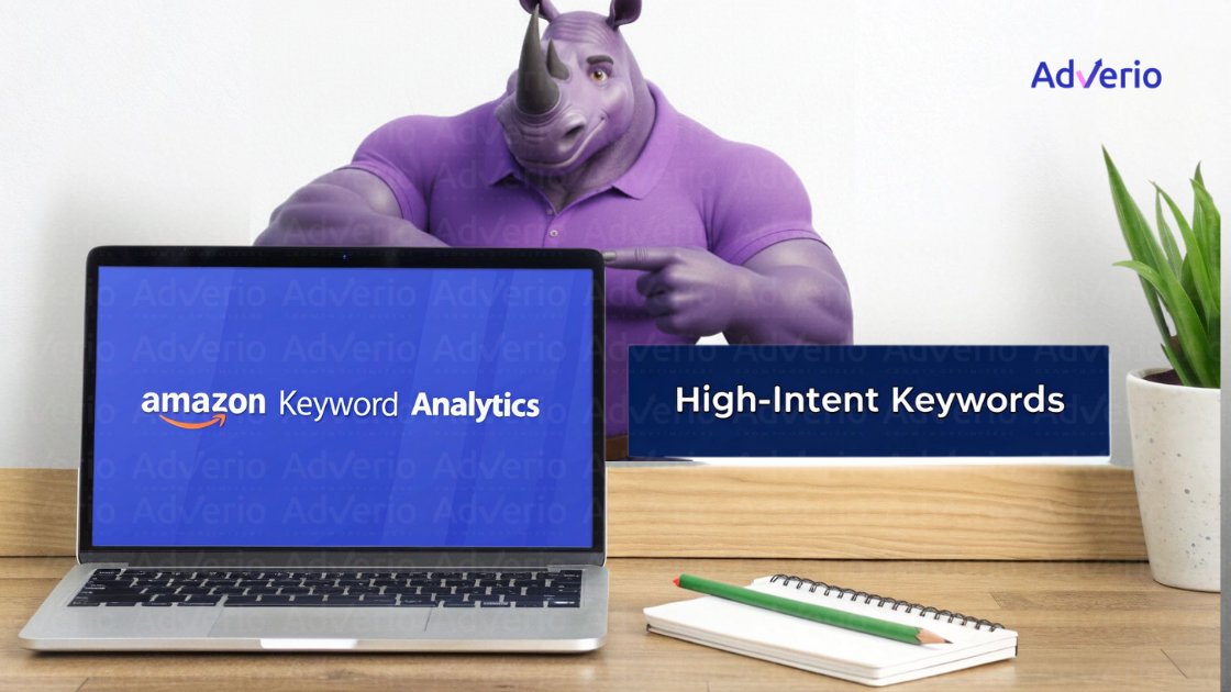 A purple rhino points to a sign for High-Intent Keywords, next to a laptop displaying Amazon Keyword Analytics.