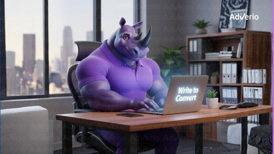 Purple rhino character typing on a laptop with "Write to Convert" on screen, in an office.