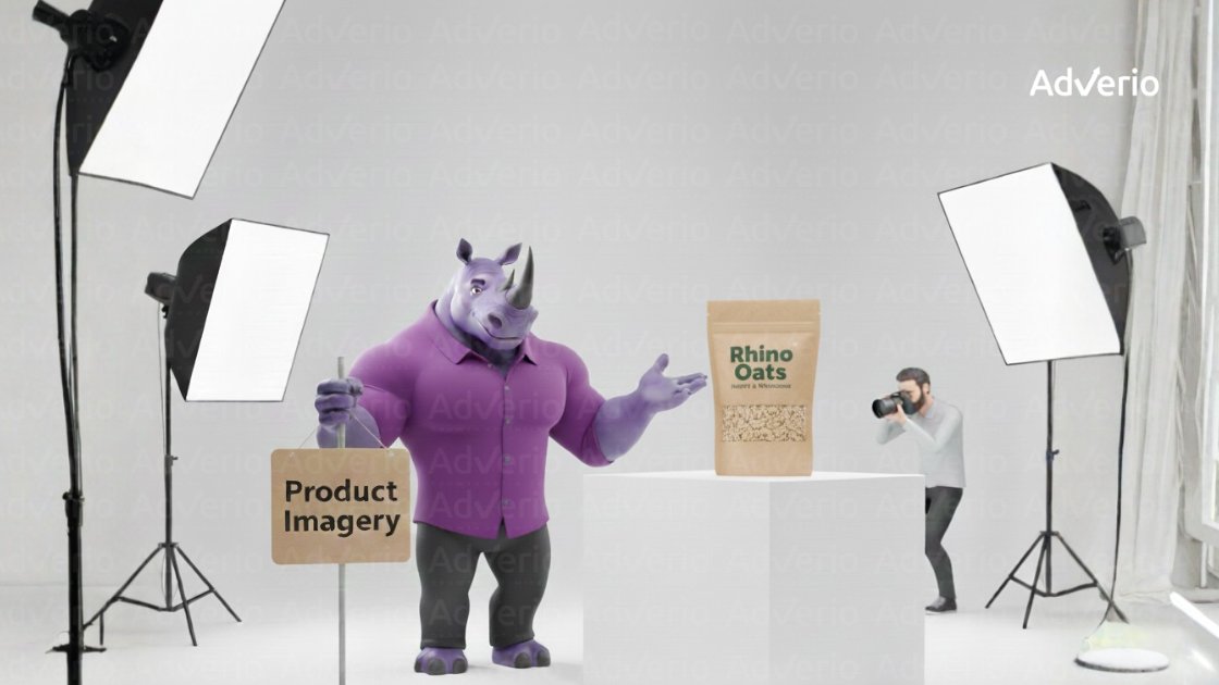 A purple rhino mascot holds a 'Product Imagery' sign next to a 'Rhino Oats' package being photographed.