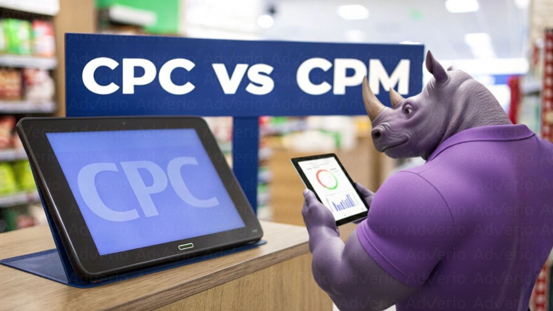 What Is the Real Cost of Amazon Advertising? 21 A purple rhino mascot compares CPC and CPM advertising metrics on two tablets.