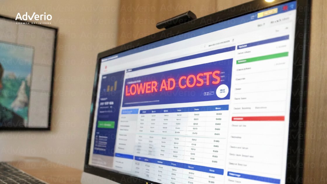 What Is the Real Cost of Amazon Advertising? 23 A computer monitor displays a business dashboard with 'LOWER AD COSTS' highlighted in red, and the AdVerio logo.