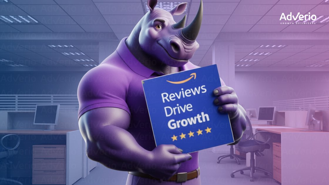 How to Get More Amazon Reviews: A Founder's Guide to Growth 10 A muscular purple rhino mascot in an office holds a blue sign saying 'Reviews Drive Growth' with an Amazon logo and five stars.