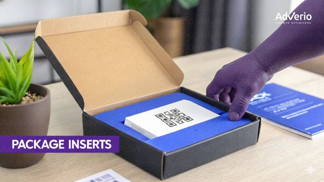 How to Get More Amazon Reviews: A Founder's Guide to Growth 12 A hand places white cards with QR codes into a blue insert within an open package.