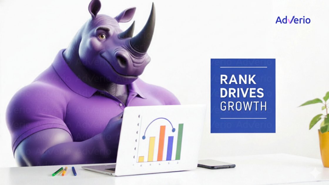 Amazon Rank Tracking: A Profit-Driven Playbook for Category Domination 16 A purple rhino character in a polo shirt analyzes a growth chart on a laptop, with text 'RANK DRIVES GROWTH'.