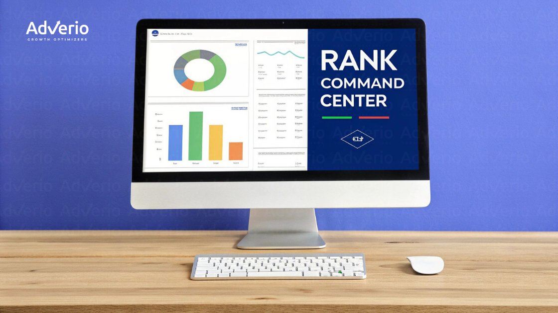 Amazon Rank Tracking: A Profit-Driven Playbook for Category Domination 17 A computer monitor displays a 'Rank Command Center' dashboard with charts and data for AdVerio Growth Optimizers.
