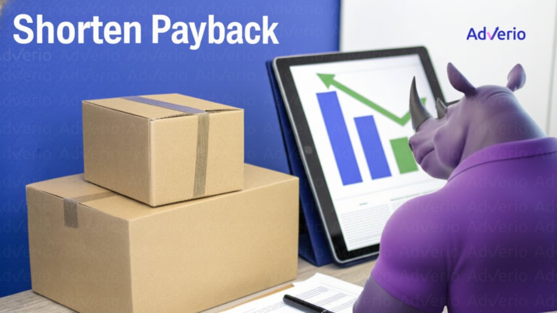 Unlocking Your CAC Payback Period for Profit-Driven Growth 17 A purple rhino reviews a tablet with a rising graph next to stacked boxes, with 'Shorten Payback' text.