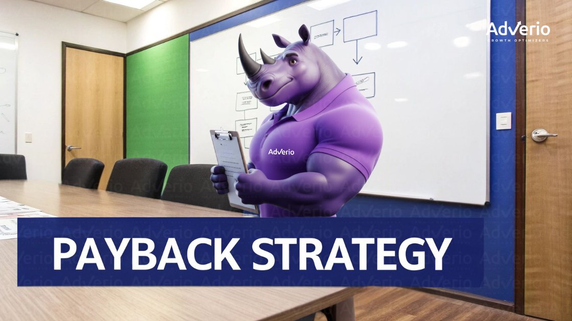 Unlocking Your CAC Payback Period for Profit-Driven Growth 18 A purple rhino mascot holding a clipboard in a meeting room, with 'PAYBACK STRATEGY' text.