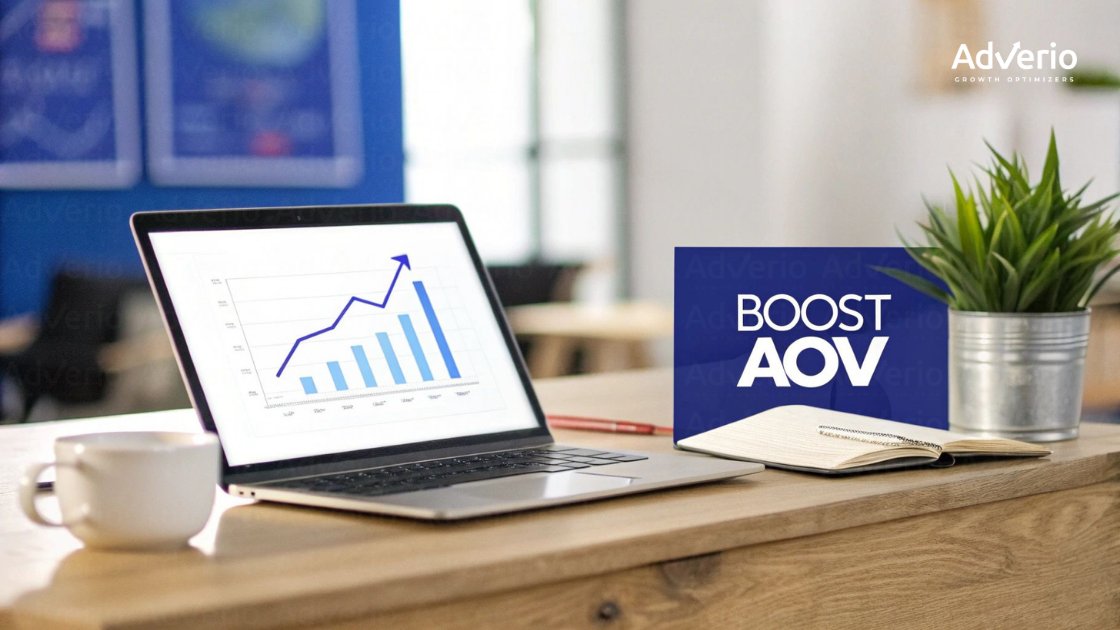 A laptop displays a growth chart, next to a sign saying 'BOOST AOV' and a potted plant, symbolizing business optimization.