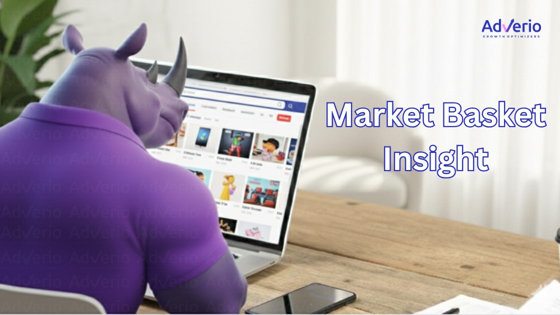 A purple rhino character uses a laptop displaying an e-commerce website, with "Market Basket Insight" text.