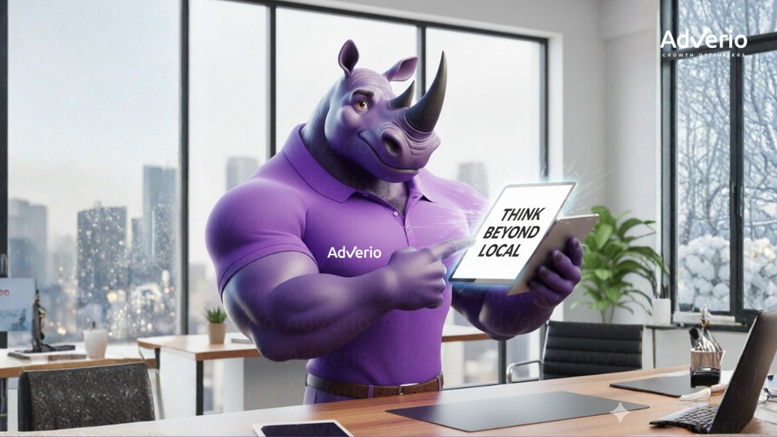 What to Look for in an Amazon Agency Near You — And How to Choose the Right One 16 A purple rhinoceros character in an office points at a tablet displaying 'THINK BEYOND LOCAL'.