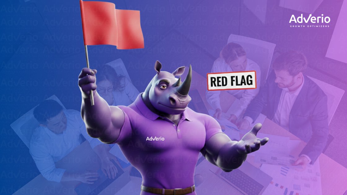 What to Look for in an Amazon Agency Near You — And How to Choose the Right One 17 AdVerio's muscular rhino mascot holds a red flag, symbolizing a warning for business growth optimizers.