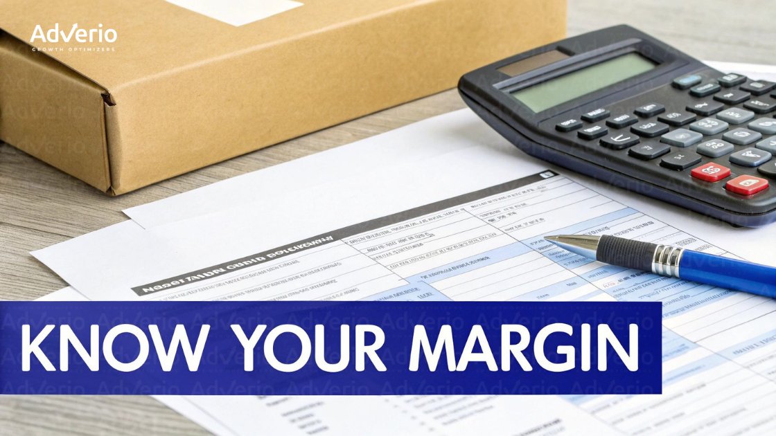 Amazon Vendor Central vs Seller Central: The Profit-First Playbook 21 A calculator, pen, business documents, and a brown box on a desk, with 'KNOW YOUR MARGIN' text.