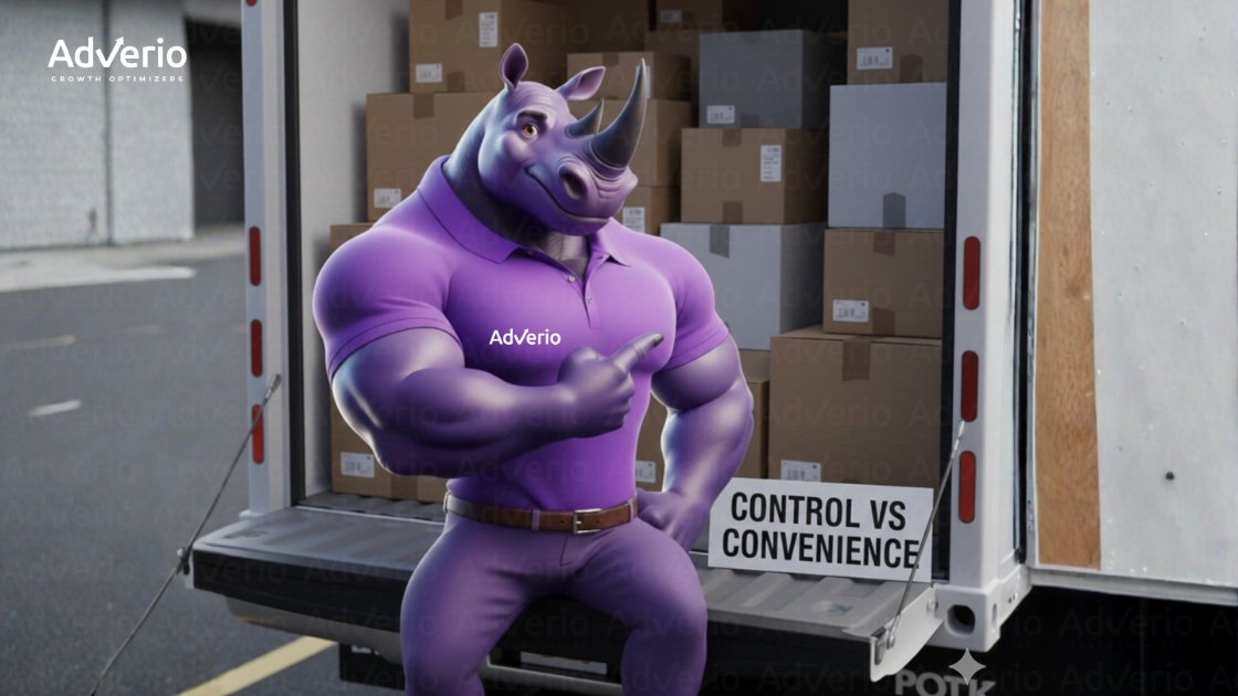 Amazon Vendor Central vs Seller Central: The Profit-First Playbook 22 A muscular purple rhino mascot points to a 'Control vs Convenience' sign on a truck tailgate filled with boxes.