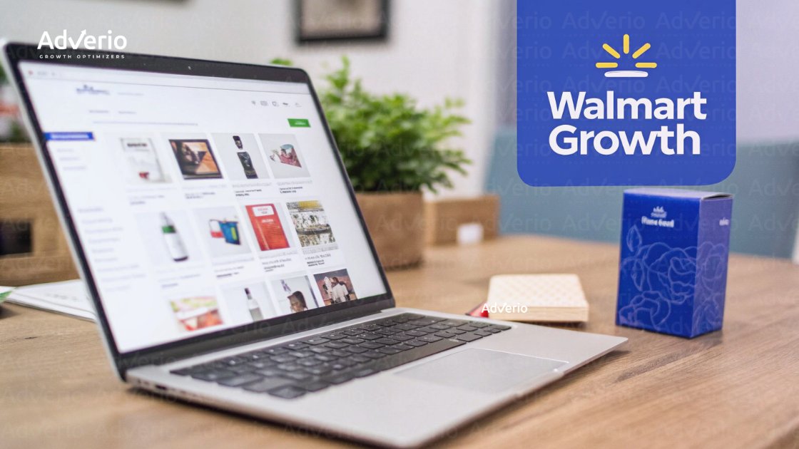 How to Sell on Walmart Marketplace: A Profit-Focused Playbook for Scaling Brands 20 A laptop displaying an online store, with AdVerio and Walmart Growth branding elements.