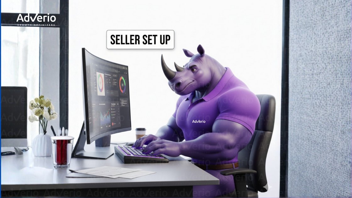 How to Sell on Walmart Marketplace: A Profit-Focused Playbook for Scaling Brands 21 A muscular purple rhino character types on a computer with a 'SELLER SET UP' sign overhead, displaying data charts.