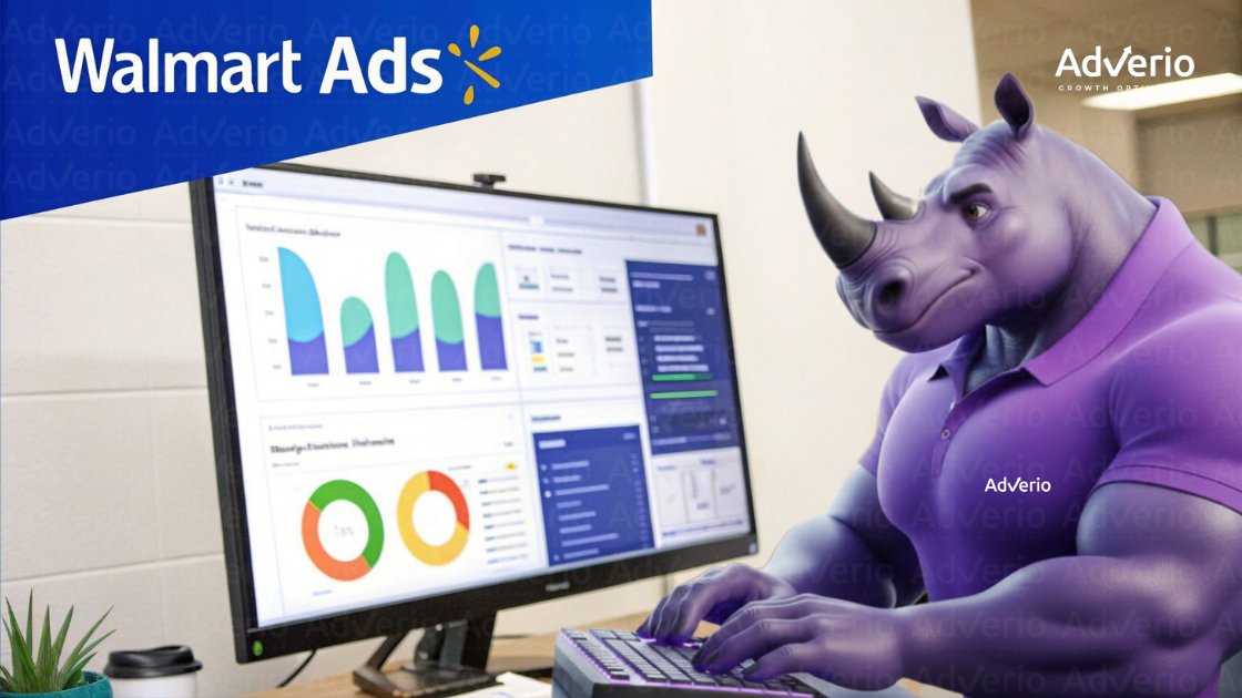 How to Sell on Walmart Marketplace: A Profit-Focused Playbook for Scaling Brands 23 A muscular purple rhino character types on a keyboard, looking at a computer monitor displaying analytics, with 'Walmart Ads' branding.