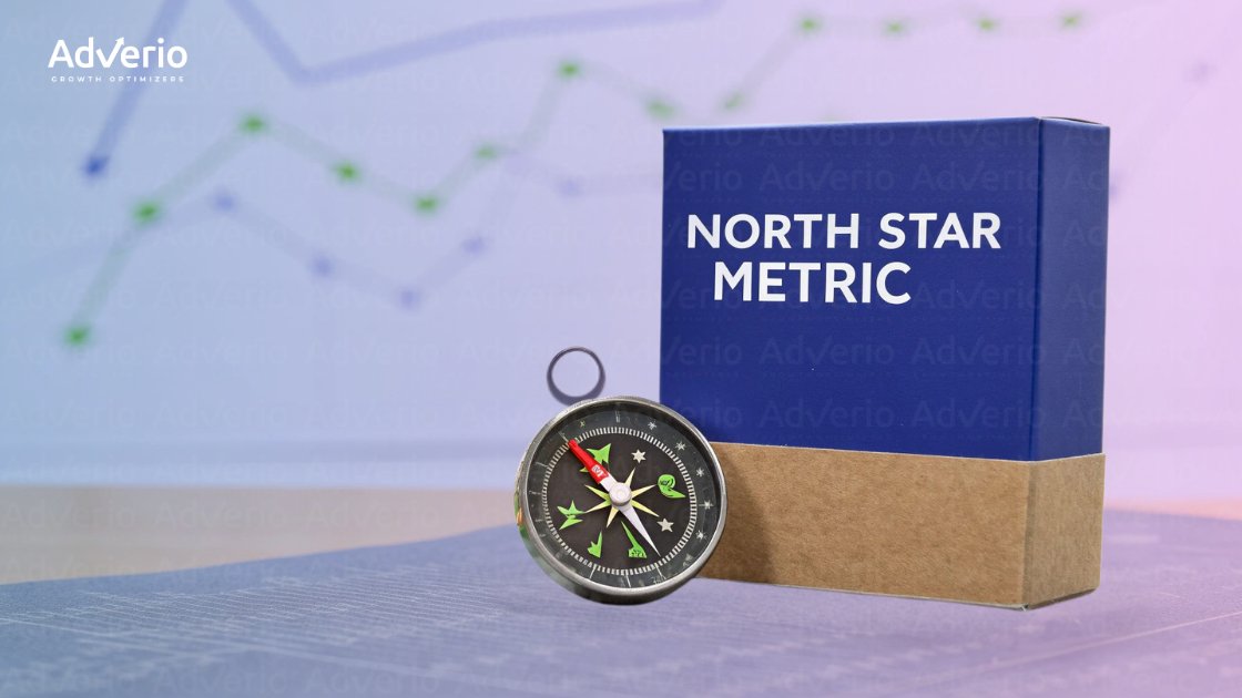 Compass and 'NORTH STAR METRIC' box on a table, symbolizing strategic direction and growth.