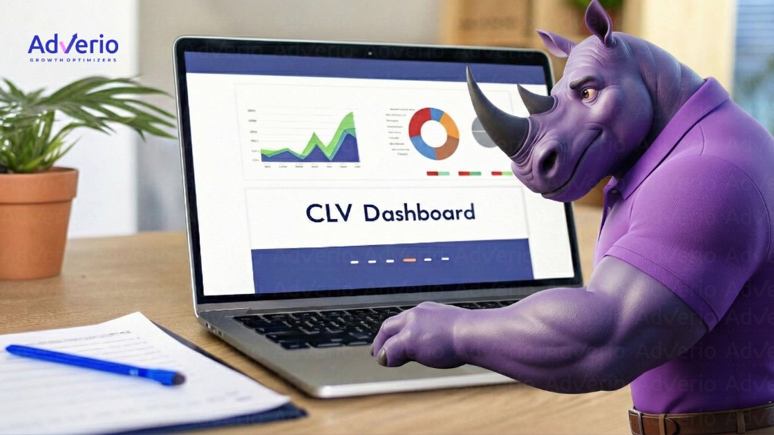 A purple rhino in a polo shirt intently viewing a laptop screen showing a CLV Dashboard with charts and graphs.