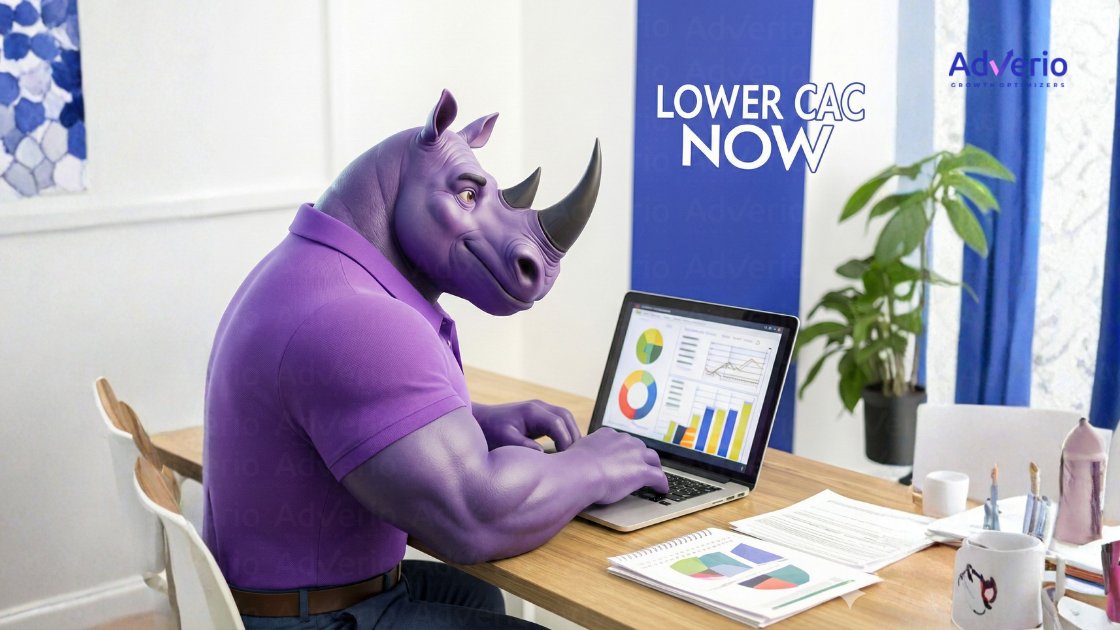A purple rhino mascot works on a laptop displaying business charts, promoting 'Lower CAC Now' for AdVerio.