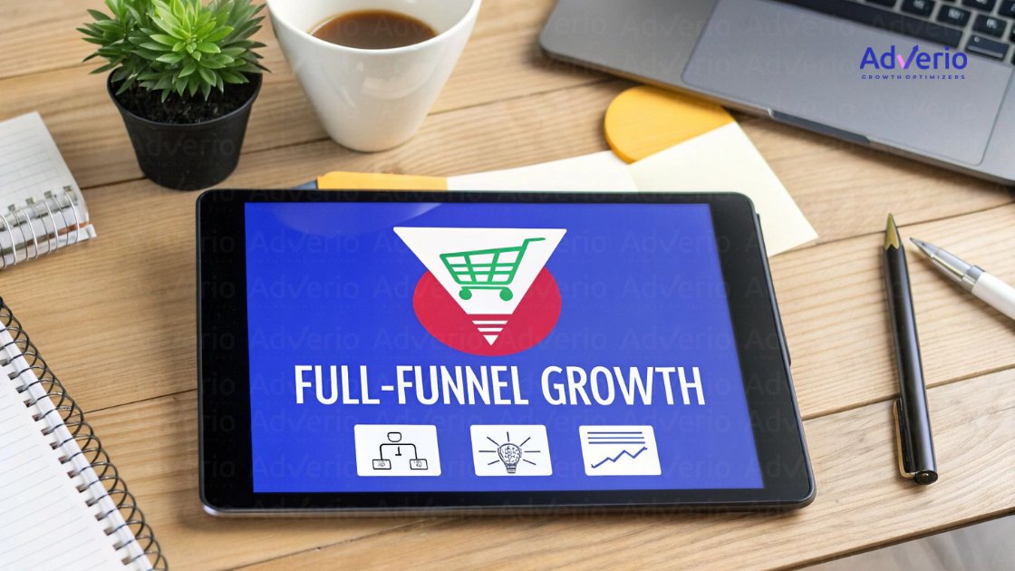 A top-down view of a wooden desk with a tablet displaying 'FULL-FUNNEL GROWTH' and various office supplies.