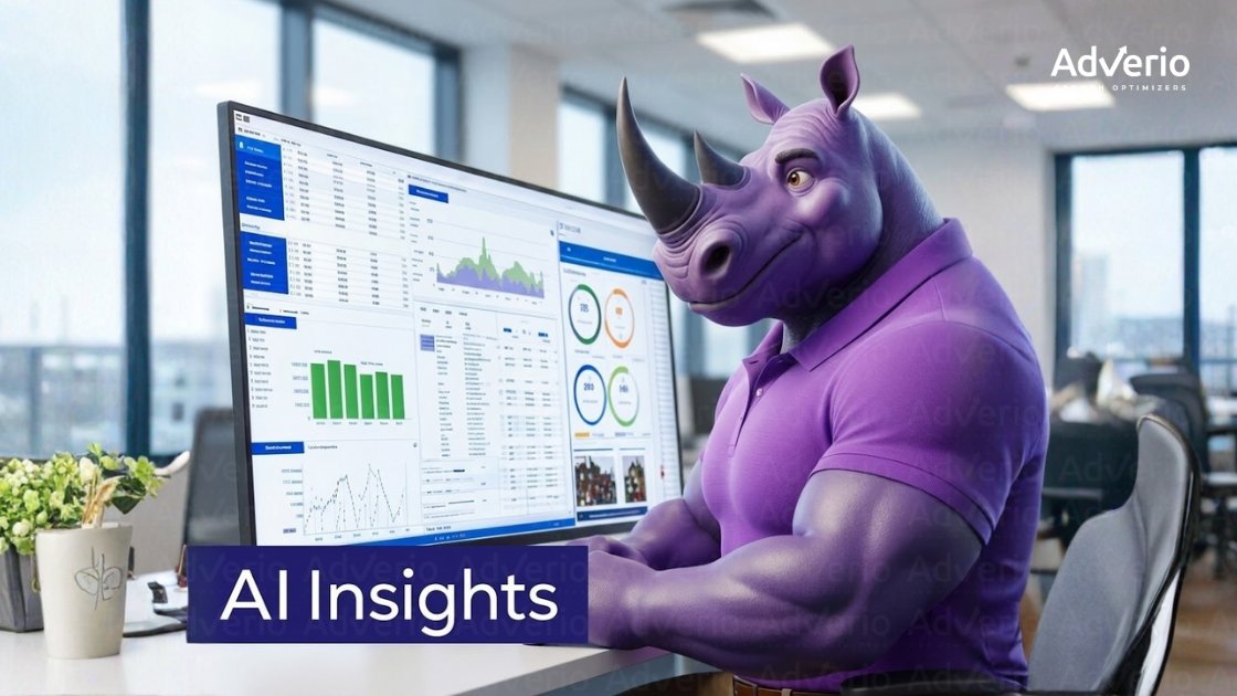 A purple rhino cartoon character analyzes data and charts on a computer screen, with 'AI Insights' text overlay.
