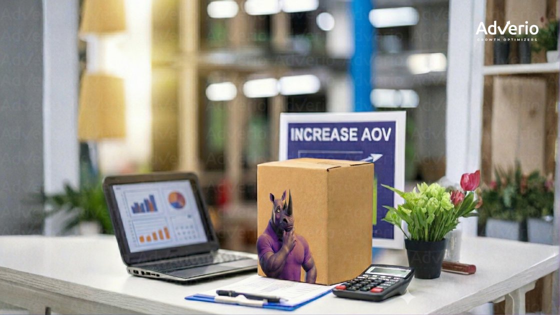 How to Increase Amazon AOV: A Profit-First Playbook for Scaling Brands 20 A desk setup with a laptop showing data, a box with a thinking rhino, an "INCREASE AOV" sign, calculator, and plant.