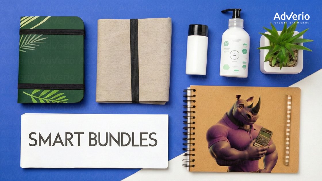 How to Increase Amazon AOV: A Profit-First Playbook for Scaling Brands 21 A flat lay of branded promotional items including notebooks, bottles, a plant, and a 'SMART BUNDLES' card.