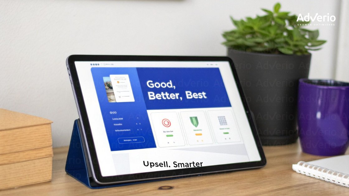 How to Increase Amazon AOV: A Profit-First Playbook for Scaling Brands 22 A tablet on a wooden desk displays "Good, Better, Best" and "Upsell. Smarter" with AdVerio branding.