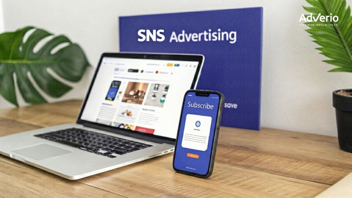 Amazon Subscribe & Save Strategy: How Sellers Increase LTV and Reduce CAC 17 A laptop, smartphone displaying 'Subscribe', and 'SNS Advertising' board on a wooden desk with plants.