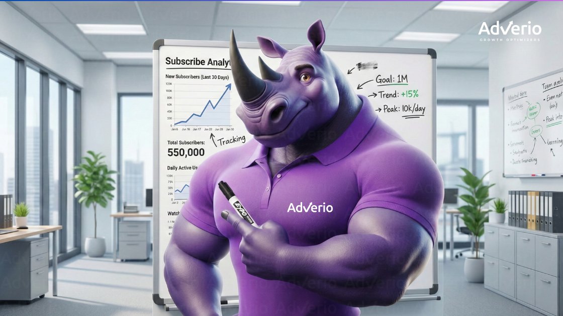 Amazon Subscribe & Save Strategy: How Sellers Increase LTV and Reduce CAC 18 A purple rhino mascot in a polo shirt points at a whiteboard displaying subscriber analytics and business goals in an office.